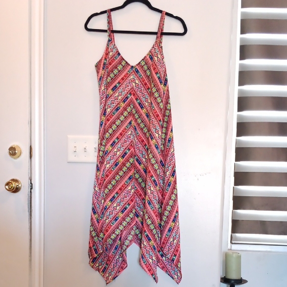 Eyeshadow Asymmetrical Dress with Pink and Blue Geometric Pattern. #42A - Picture 1 of 6
